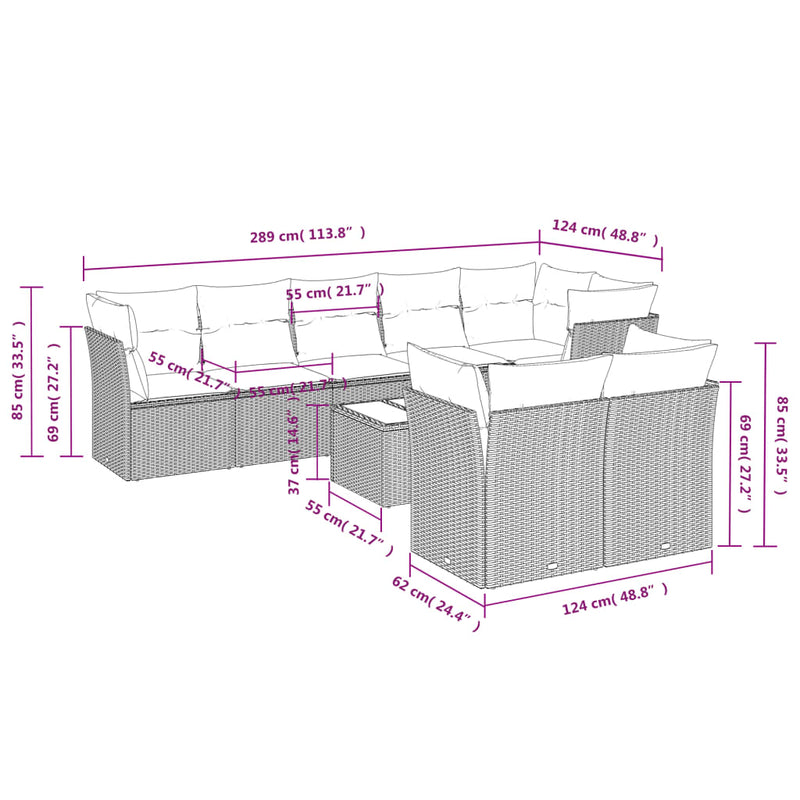 vidaXL 9 Piece Garden Sofa Set with Cushions Grey Poly Rattan