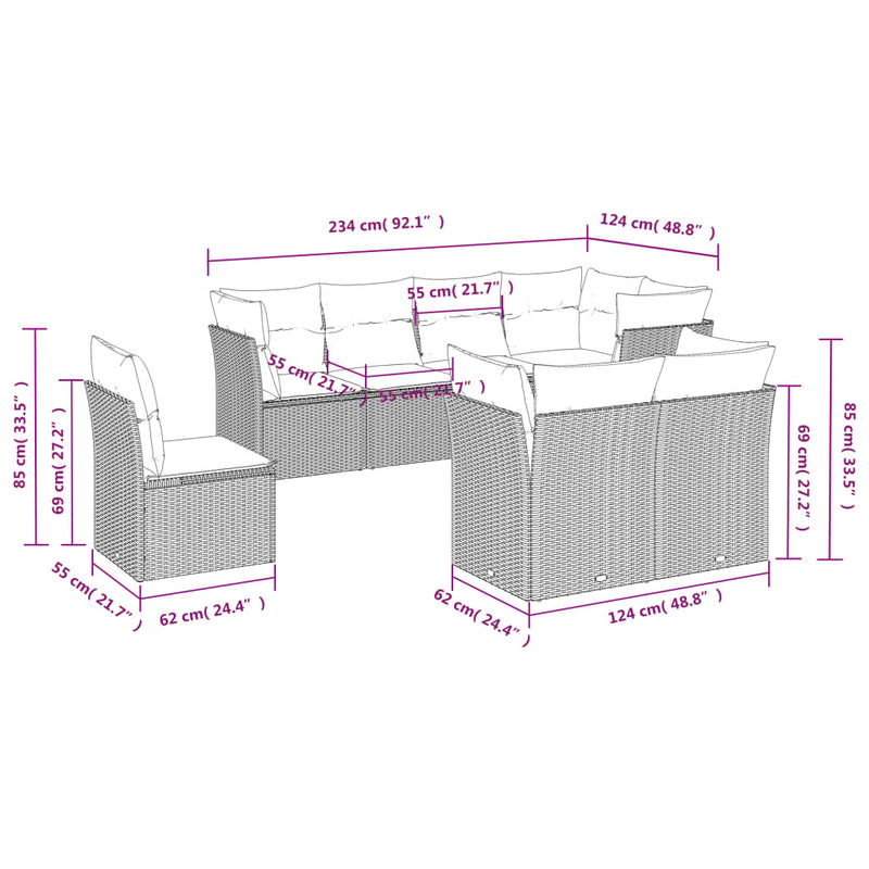 vidaXL 8 Piece Garden Sofa Set with Cushions Grey Poly Rattan