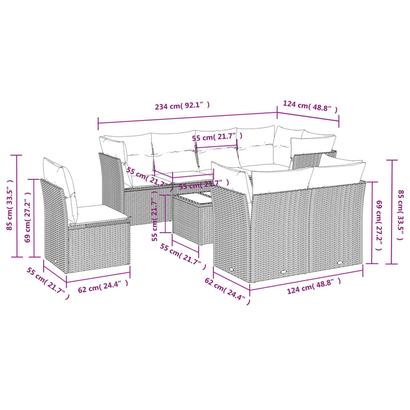 vidaXL 9 Piece Garden Sofa Set with Cushions Grey Poly Rattan