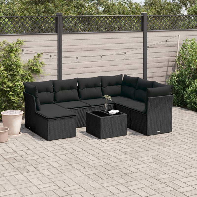 8 Piece Garden Sofa Set with Cushions Black Poly Rattan