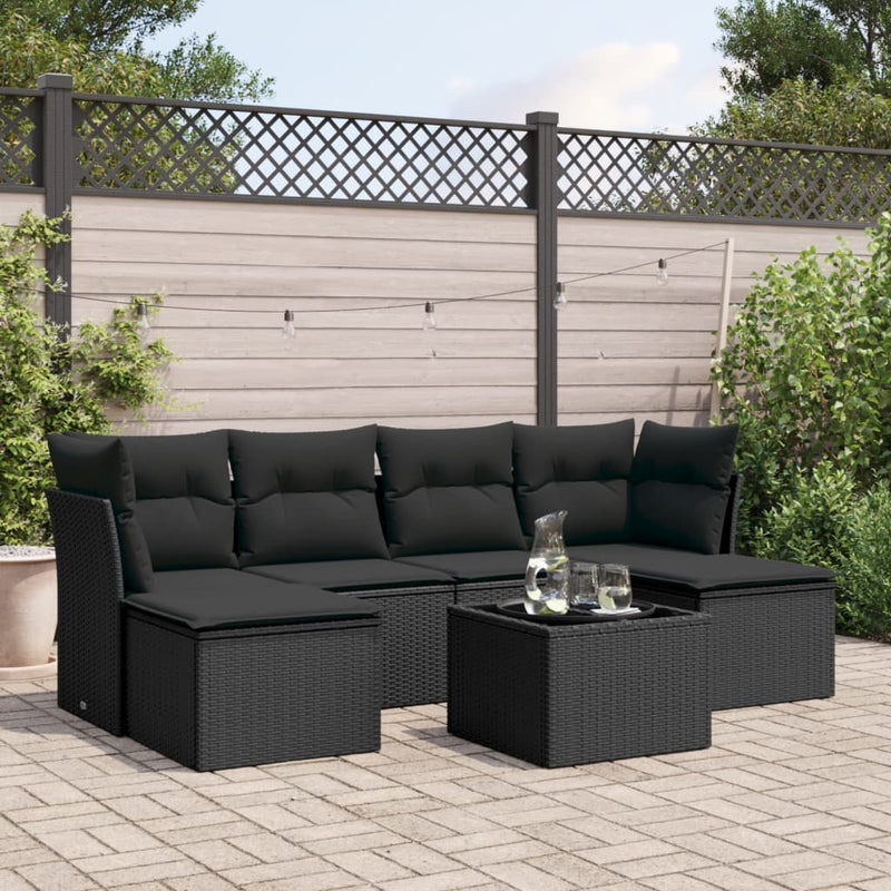 vidaXL 7 Piece Garden Sofa Set with Cushions Black Poly Rattan