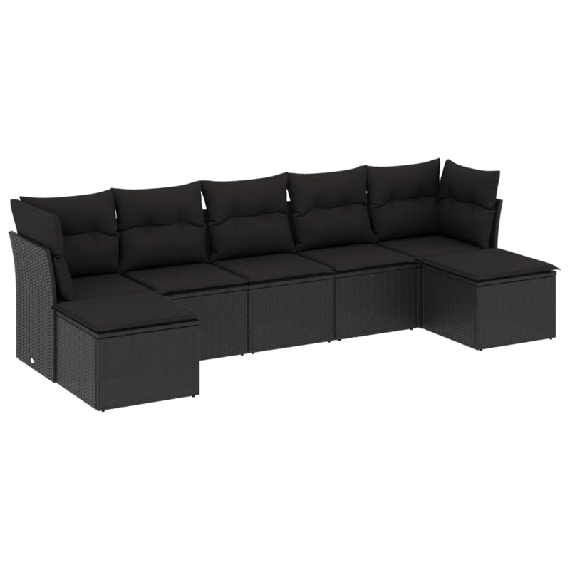 7 Piece Garden Sofa Set with Cushions Black Poly Rattan