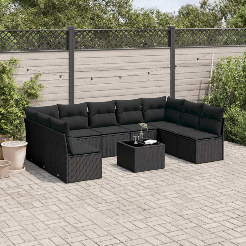 vidaXL 10 Piece Garden Sofa Set with Cushions Black Poly Rattan
