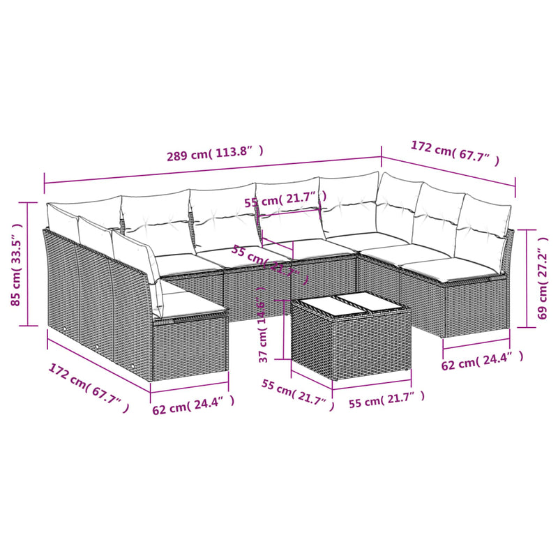 vidaXL 10 Piece Garden Sofa Set with Cushions Grey Poly Rattan