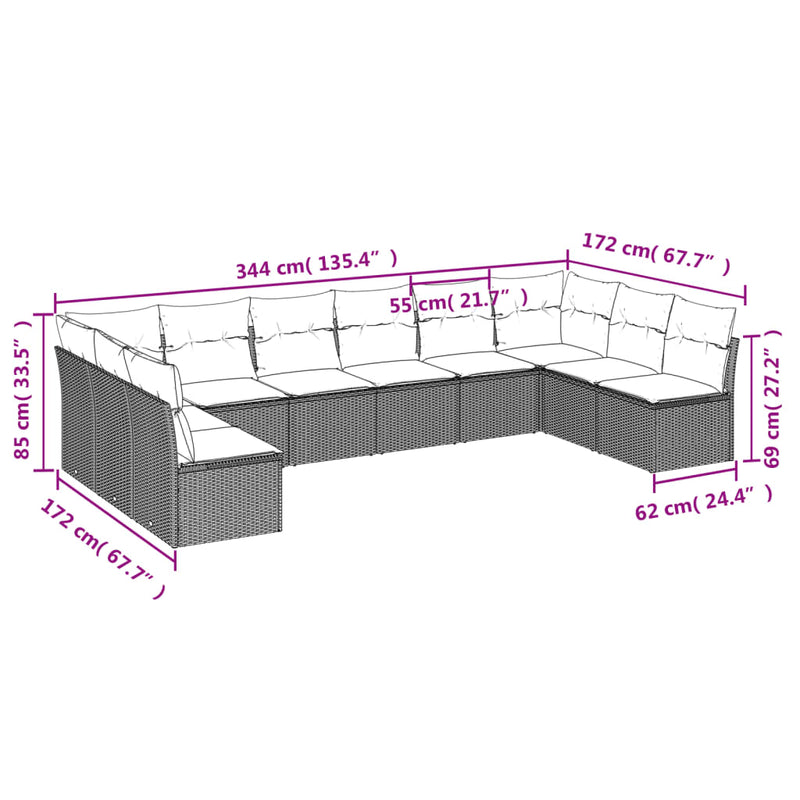 vidaXL 10 Piece Garden Sofa Set with Cushions Black Poly Rattan