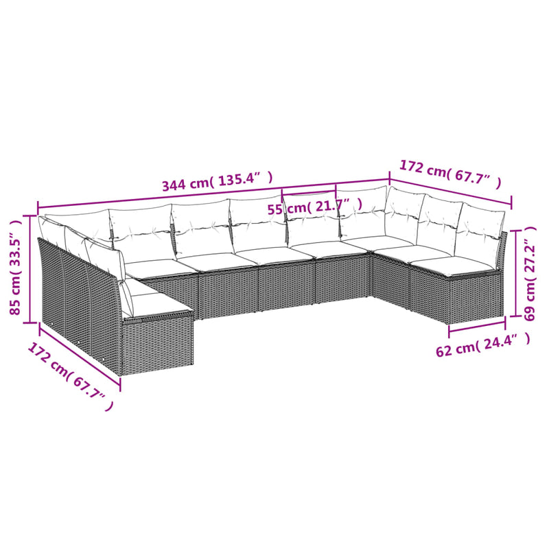 10 Piece Garden Sofa Set with Cushions Beige Poly Rattan