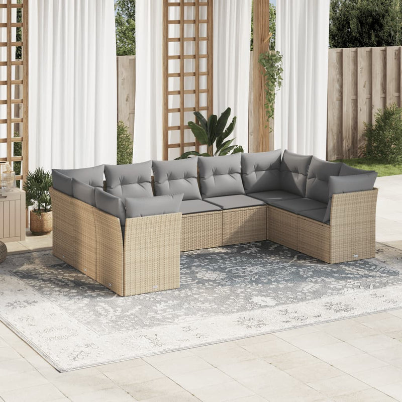 9 Piece Garden Sofa Set with Cushions Beige Poly Rattan