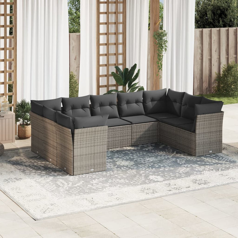 9 Piece Garden Sofa Set with Cushions Grey Poly Rattan