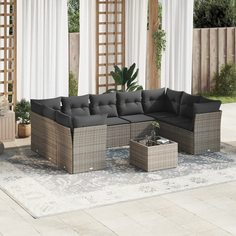 10 Piece Garden Sofa Set with Cushions Grey Poly Rattan