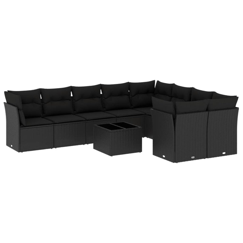 10 Piece Garden Sofa Set with Cushions Black Poly Rattan