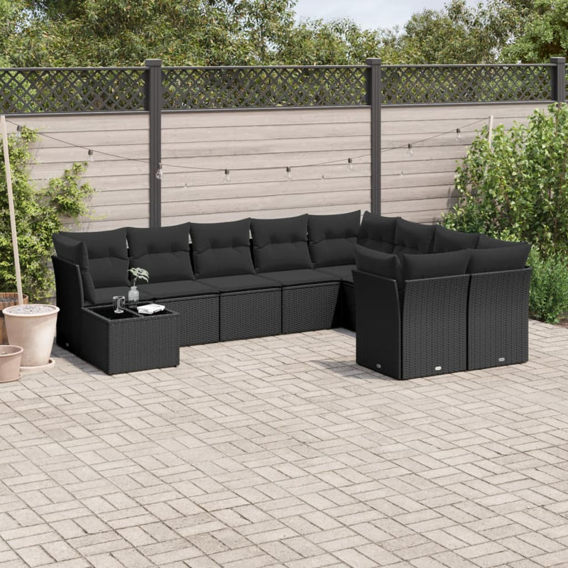 vidaXL 10 Piece Garden Sofa Set with Cushions Black Poly Rattan