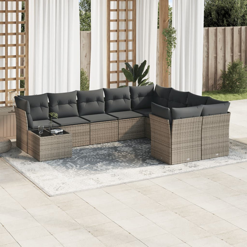 10 Piece Garden Sofa Set with Cushions Grey Poly Rattan