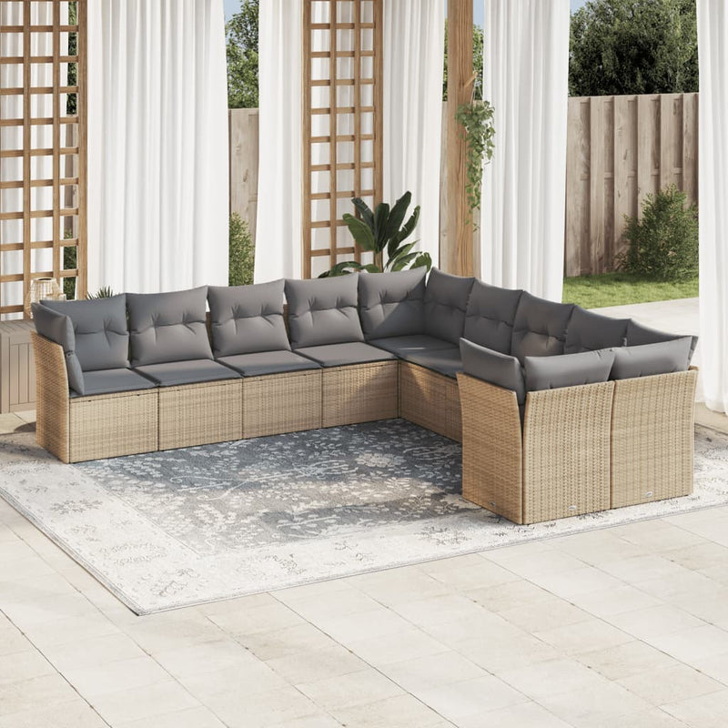 10 Piece Garden Sofa Set with Cushions Beige Poly Rattan