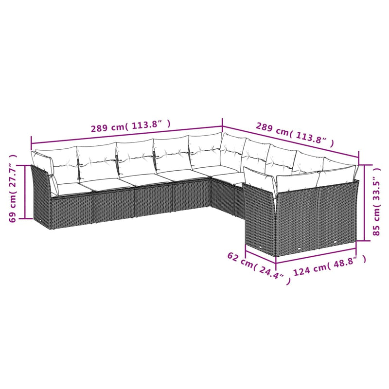 vidaXL 10 Piece Garden Sofa Set with Cushions Grey Poly Rattan