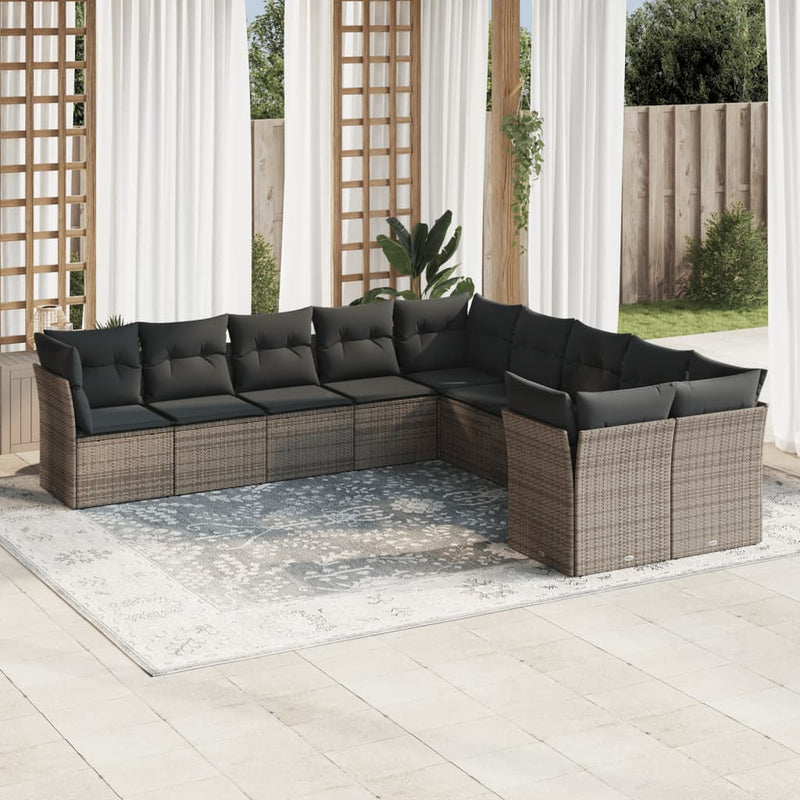 10 Piece Garden Sofa Set with Cushions Grey Poly Rattan