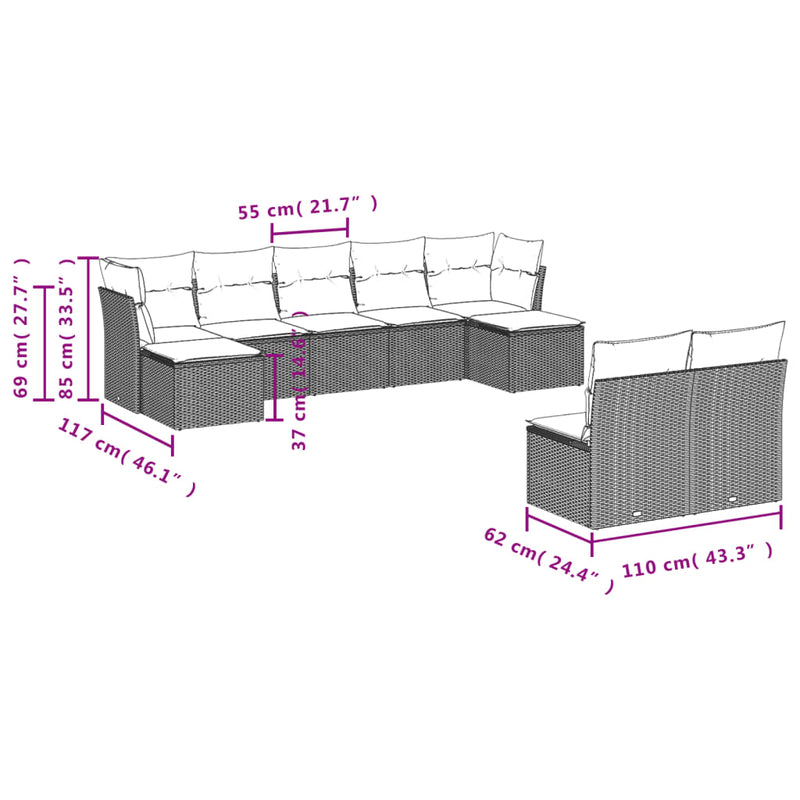 vidaXL 9 Piece Garden Sofa Set with Cushions Grey Poly Rattan