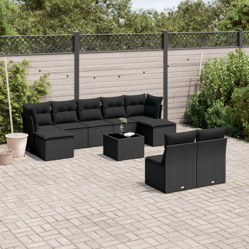 vidaXL 10 Piece Garden Sofa Set with Cushions Black Poly Rattan