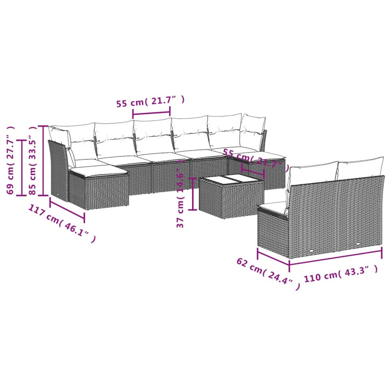 vidaXL 10 Piece Garden Sofa Set with Cushions Grey Poly Rattan