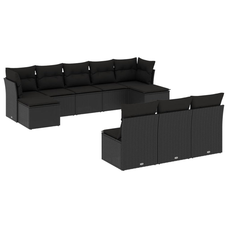 10 Piece Garden Sofa Set with Cushions Black Poly Rattan