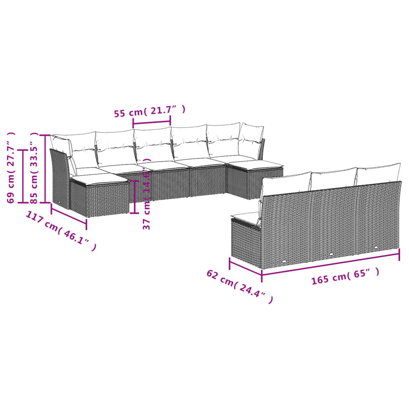vidaXL 10 Piece Garden Sofa Set with Cushions Grey Poly Rattan