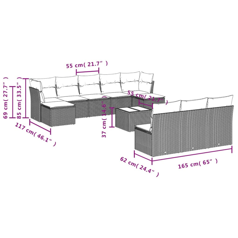 vidaXL 11 Piece Garden Sofa Set with Cushions Grey Poly Rattan