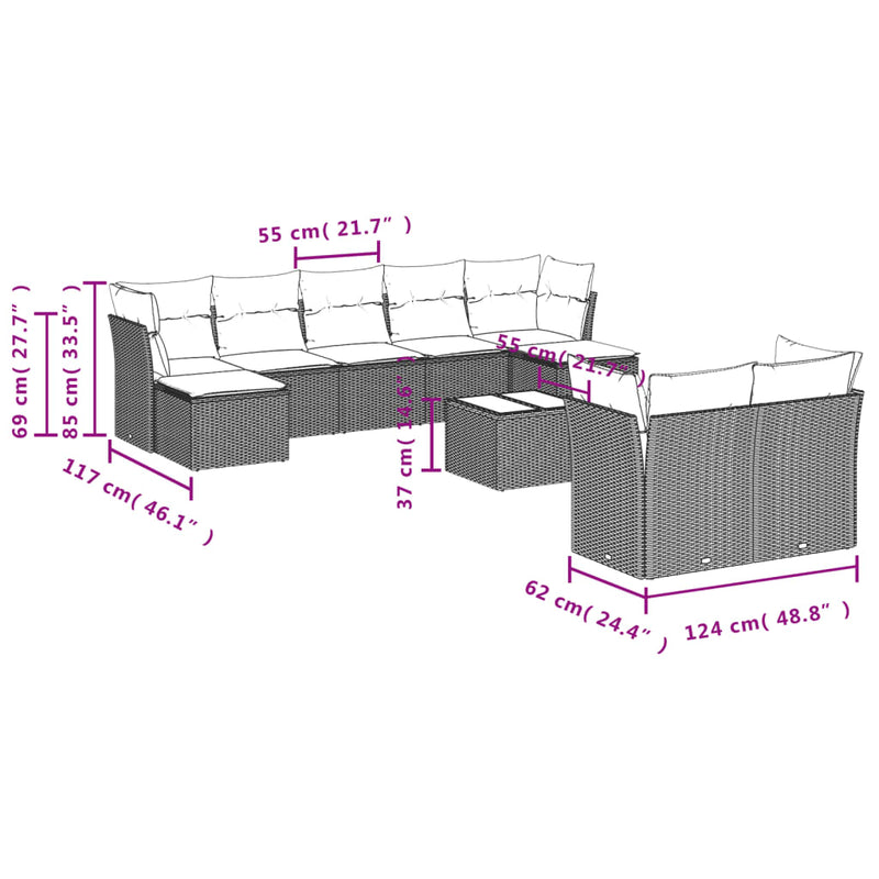 vidaXL 10 Piece Garden Sofa Set with Cushions Grey Poly Rattan