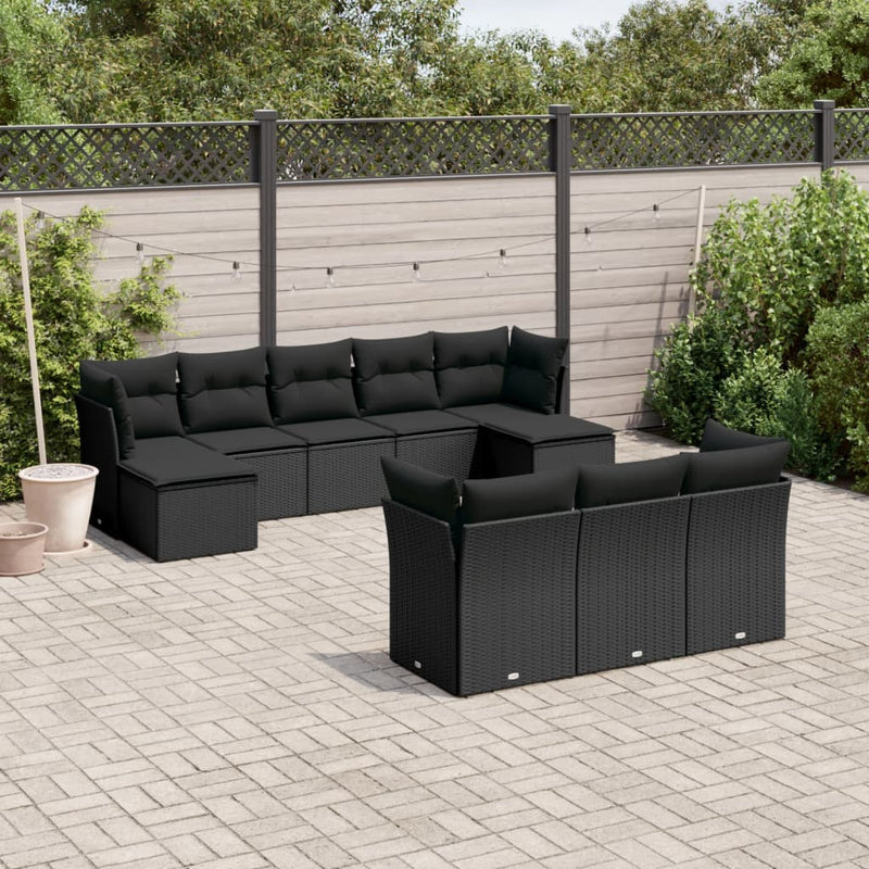 vidaXL 10 Piece Garden Sofa Set with Cushions Black Poly Rattan