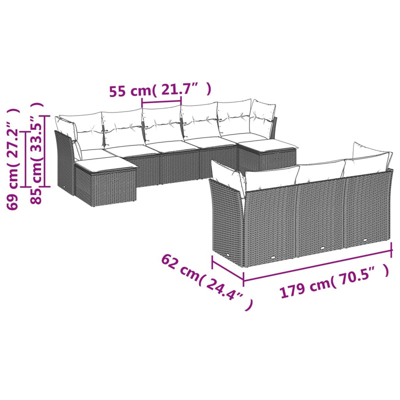vidaXL 10 Piece Garden Sofa Set with Cushions Grey Poly Rattan