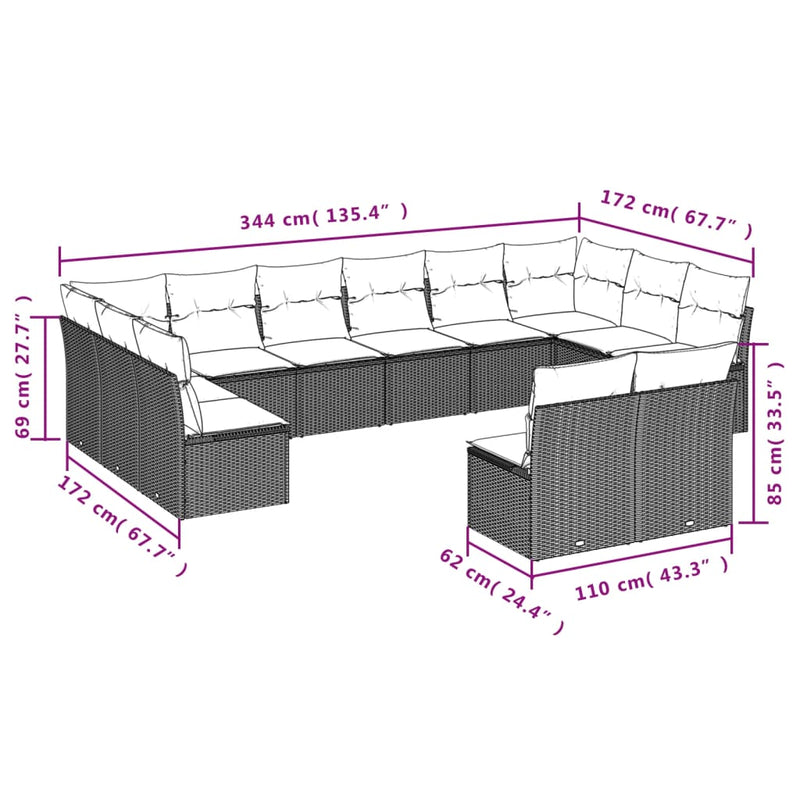 vidaXL 12 Piece Garden Sofa Set with Cushions Beige Poly Rattan