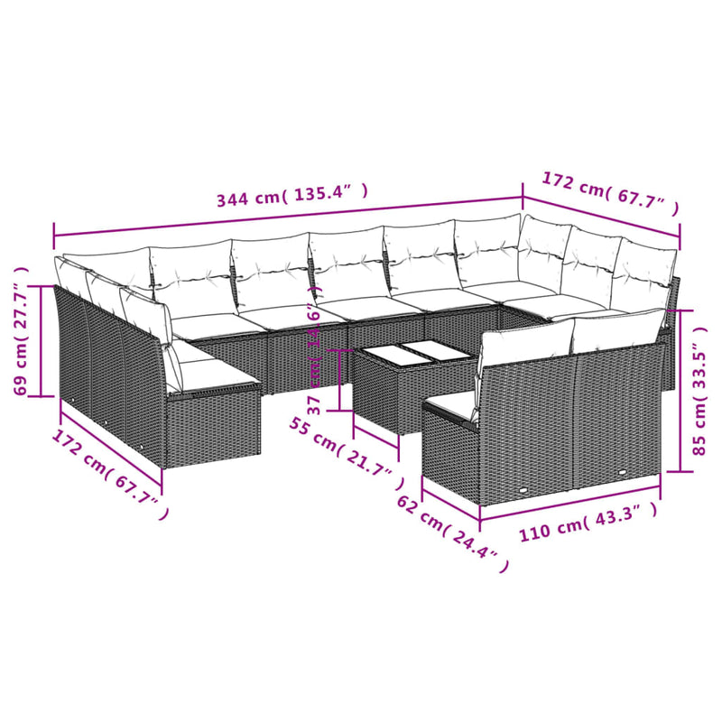 vidaXL 13 Piece Garden Sofa Set with Cushions Grey Poly Rattan