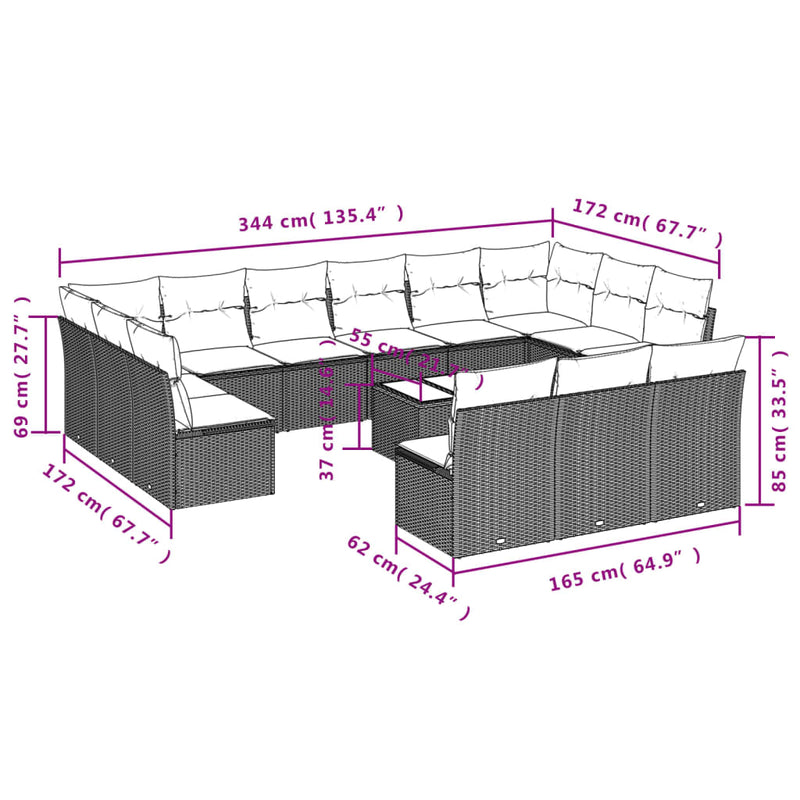 vidaXL 14 Piece Garden Sofa Set with Cushions Grey Poly Rattan