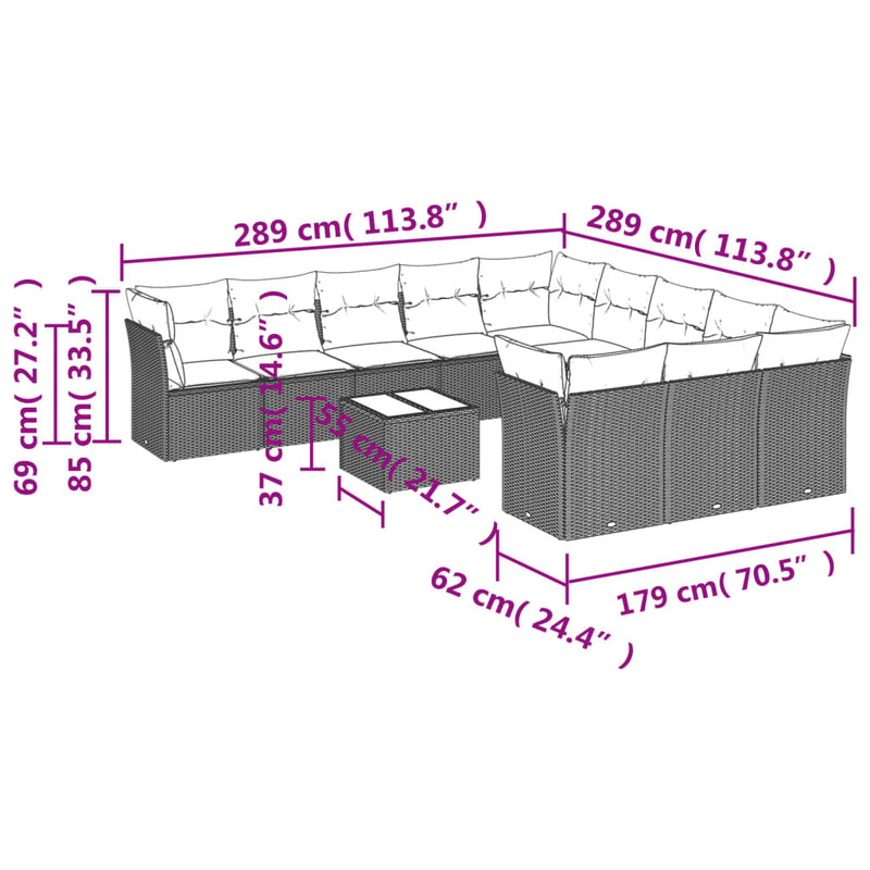 vidaXL 12 Piece Garden Sofa Set with Cushions Grey Poly Rattan
