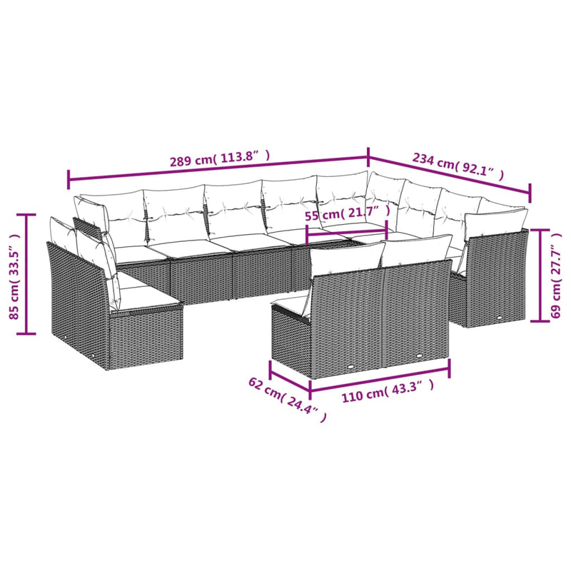 vidaXL 12 Piece Garden Sofa Set with Cushions Grey Poly Rattan