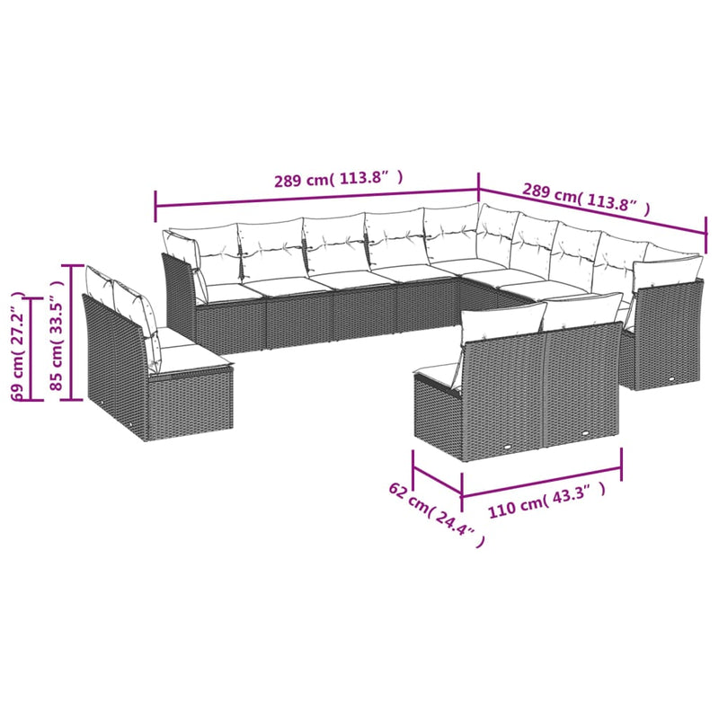 vidaXL 13 Piece Garden Sofa Set with Cushions Grey Poly Rattan