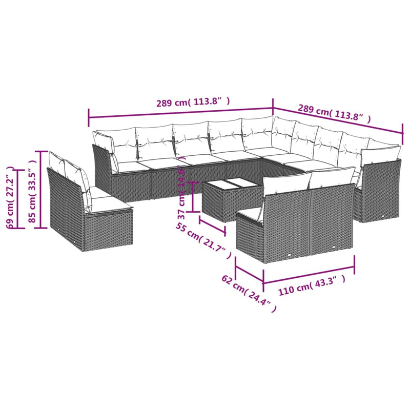 vidaXL 14 Piece Garden Sofa Set with Cushions Black Poly Rattan
