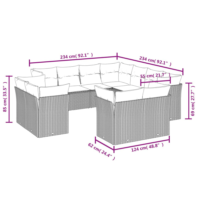vidaXL 11 Piece Garden Sofa Set with Cushions Grey Poly Rattan