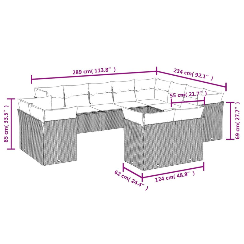 vidaXL 12 Piece Garden Sofa Set with Cushions Grey Poly Rattan