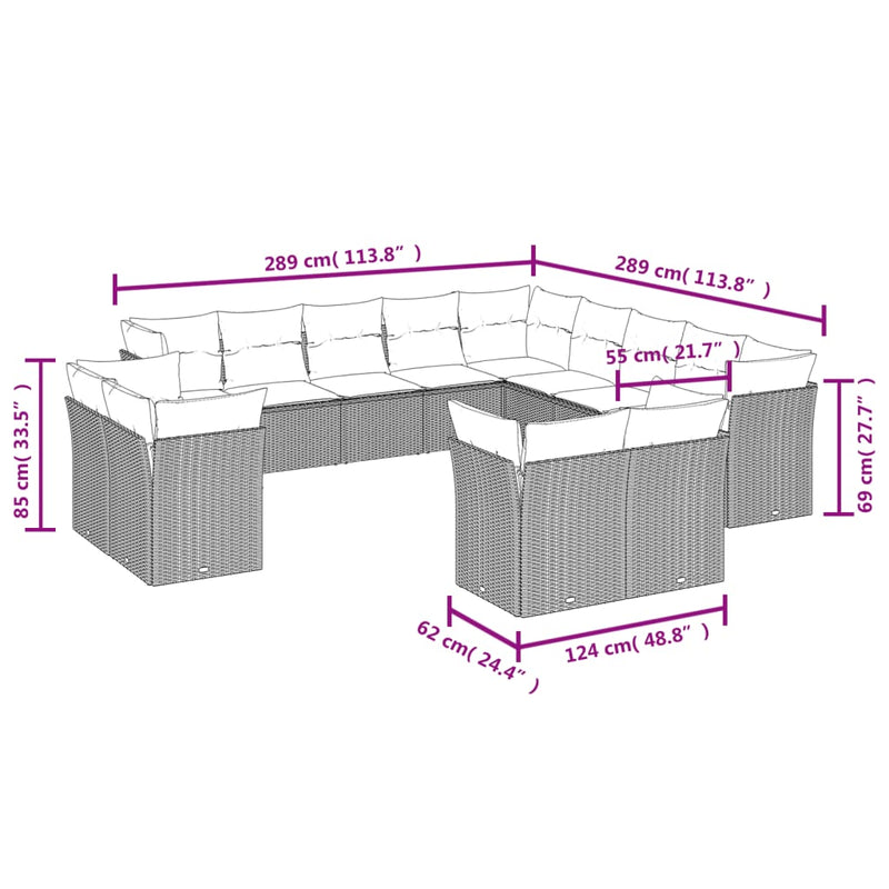 vidaXL 13 Piece Garden Sofa Set with Cushions Grey Poly Rattan