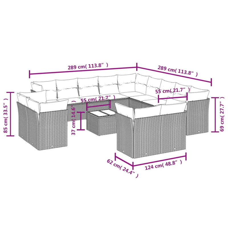vidaXL 14 Piece Garden Sofa Set with Cushions Grey Poly Rattan