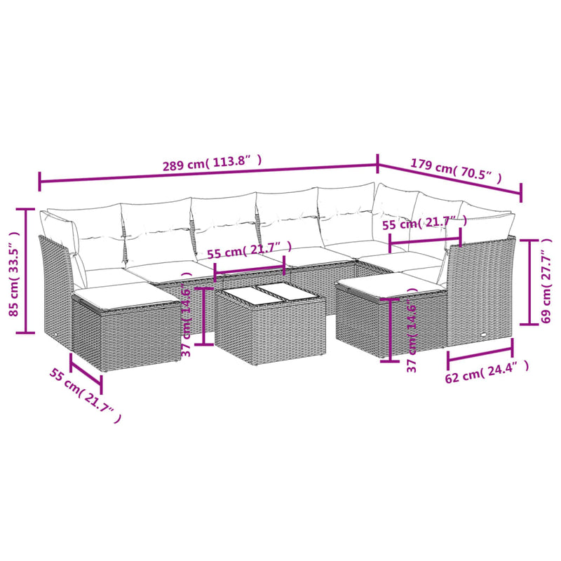 vidaXL 10 Piece Garden Sofa Set with Cushions Grey Poly Rattan
