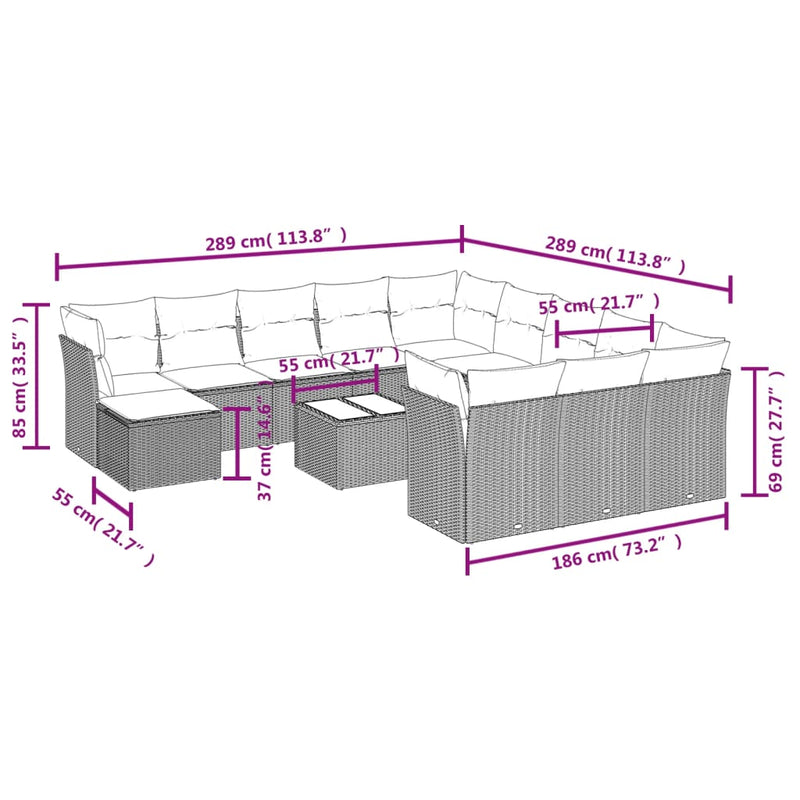 vidaXL 13 Piece Garden Sofa Set with Cushions Grey Poly Rattan