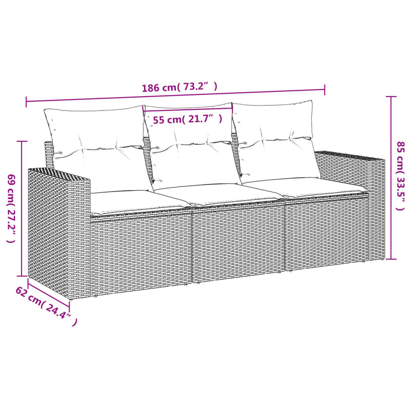 vidaXL 3 Piece Garden Sofa Set with Cushions Black Poly Rattan