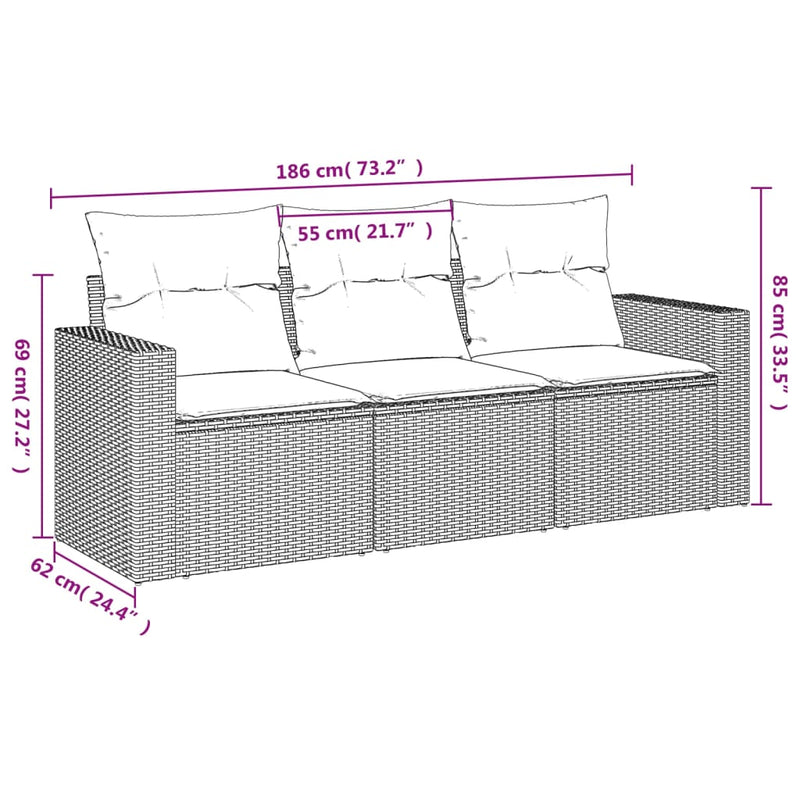 vidaXL 3 Piece Garden Sofa Set with Cushions Black Poly Rattan