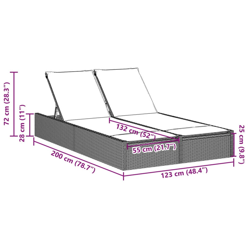 vidaXL Double Sun Lounger with Cushions Grey Poly Rattan