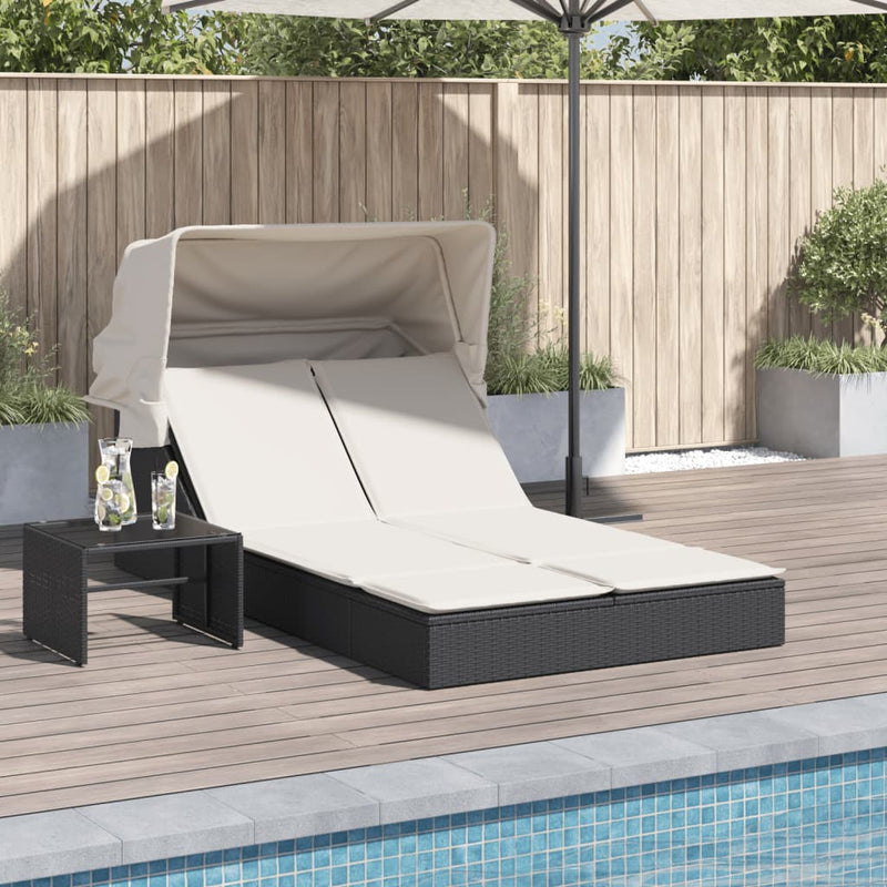 Double Sun Lounger with Canopy and Cushions Black Poly Rattan