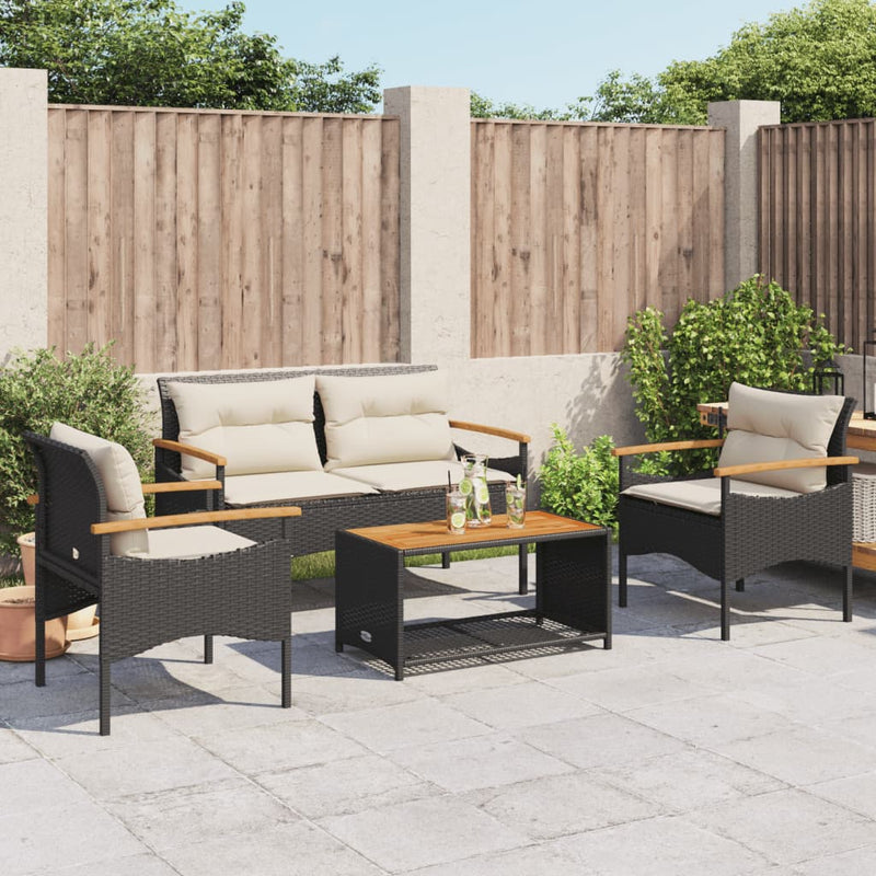 vidaXL 4 Piece Garden Sofa Set with Cushions Black Poly Rattan