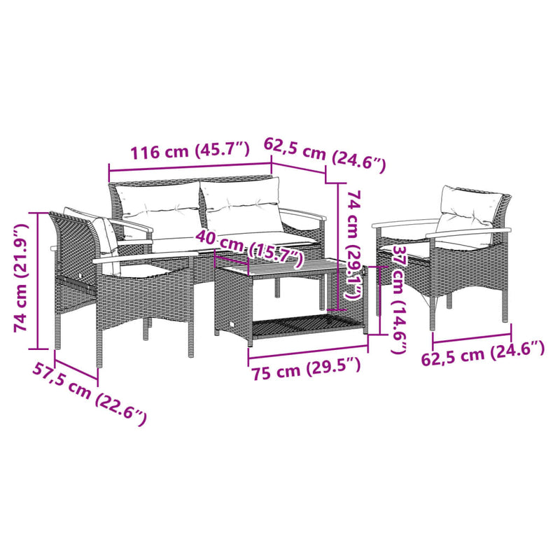 vidaXL 4 Piece Garden Sofa Set with Cushions Black Poly Rattan