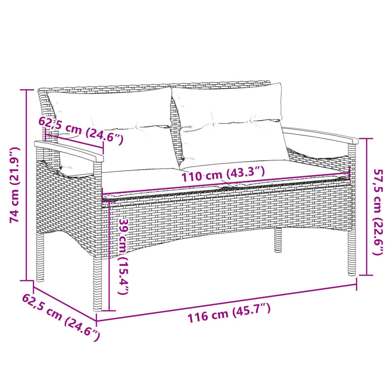 vidaXL Garden Bench with Cushions 116x62.5x74 cm Black Poly Rattan