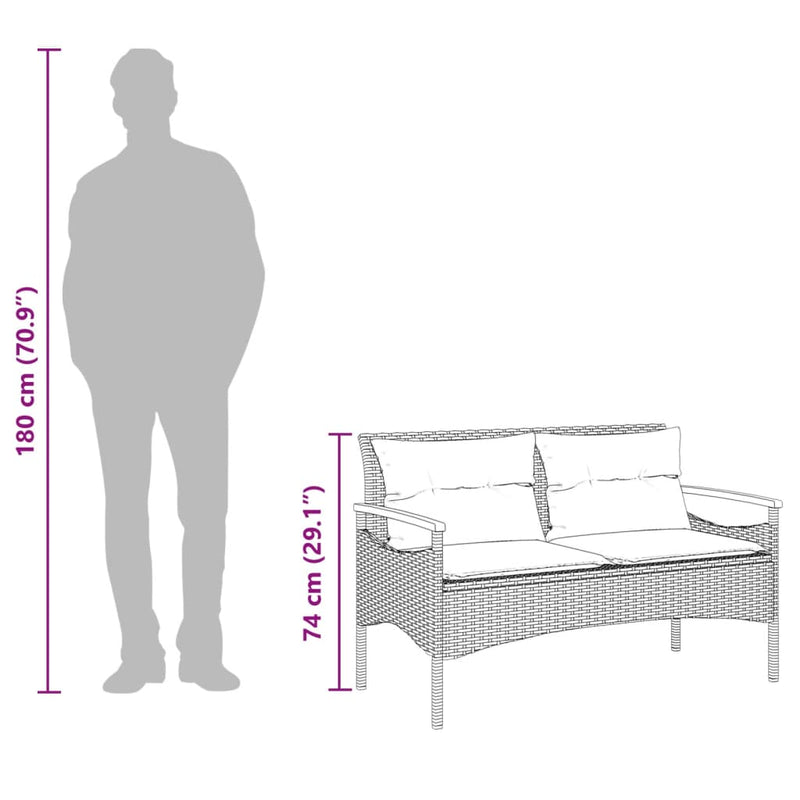 vidaXL Garden Bench with Cushions 116x62.5x74 cm Black Poly Rattan