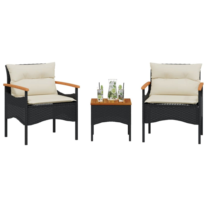 vidaXL 3 Piece Garden Sofa Set with Cushions Black Poly Rattan